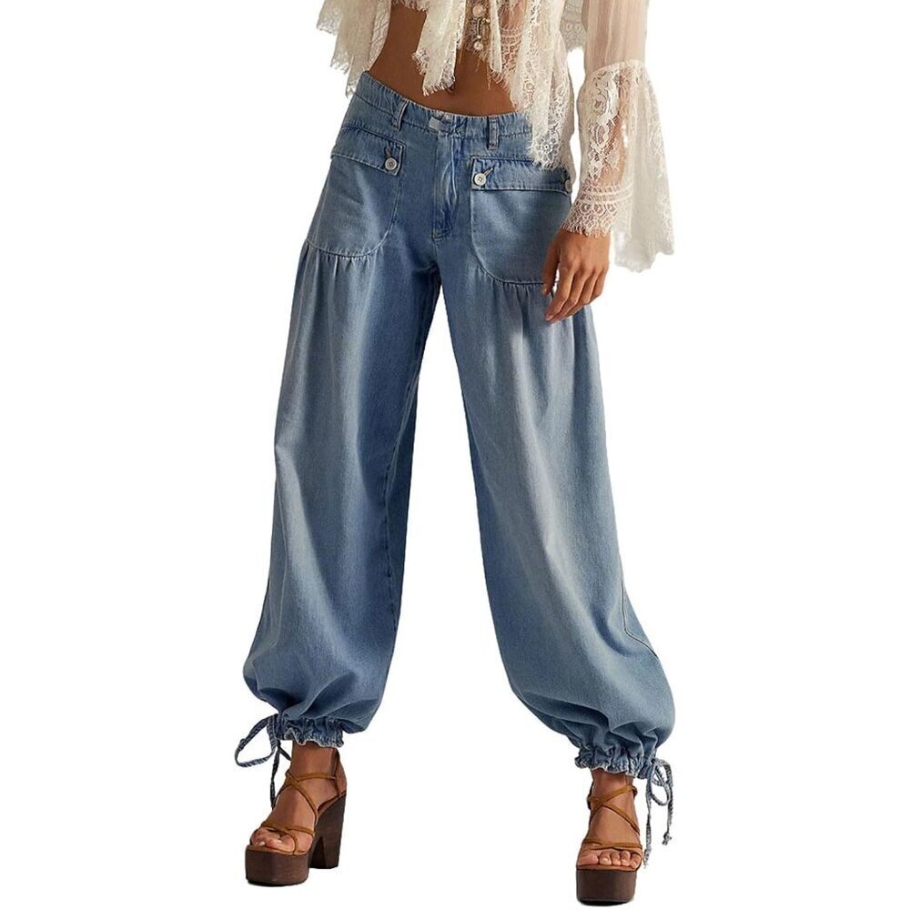 Womens Baggy Harem Jeans Denim Large Adjustable Ankle Ties Casual Streetwear